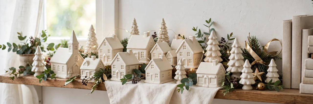 Mini village houses and ceramic trees painted one matte cream color