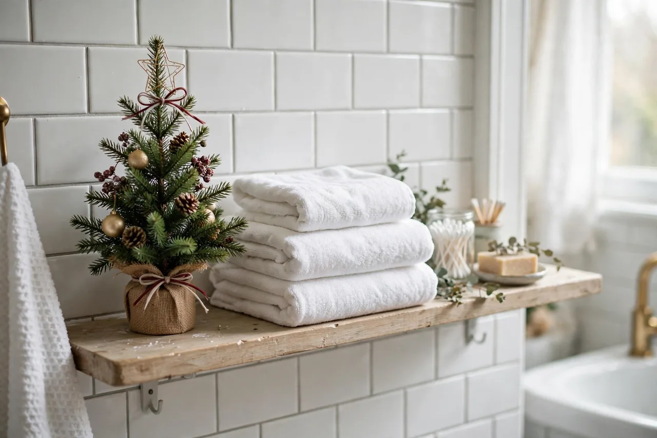 Tiny Christmas tree on a bathroom shelf beside folded white towels