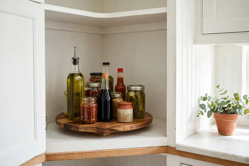 Lazy Susan turntable with sauce bottles inside a corner cabinet
