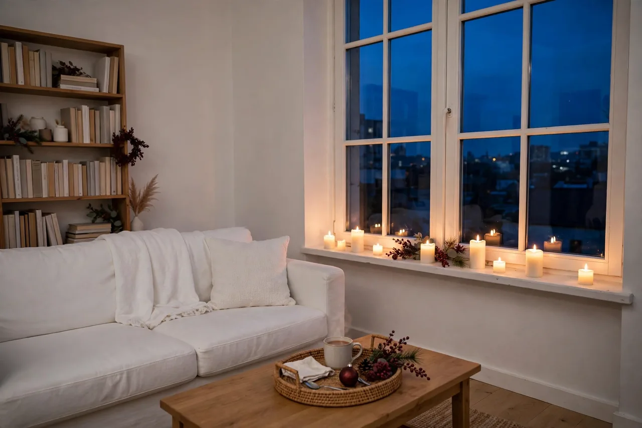 LED candles on windowsill tray and bookshelf at dusk