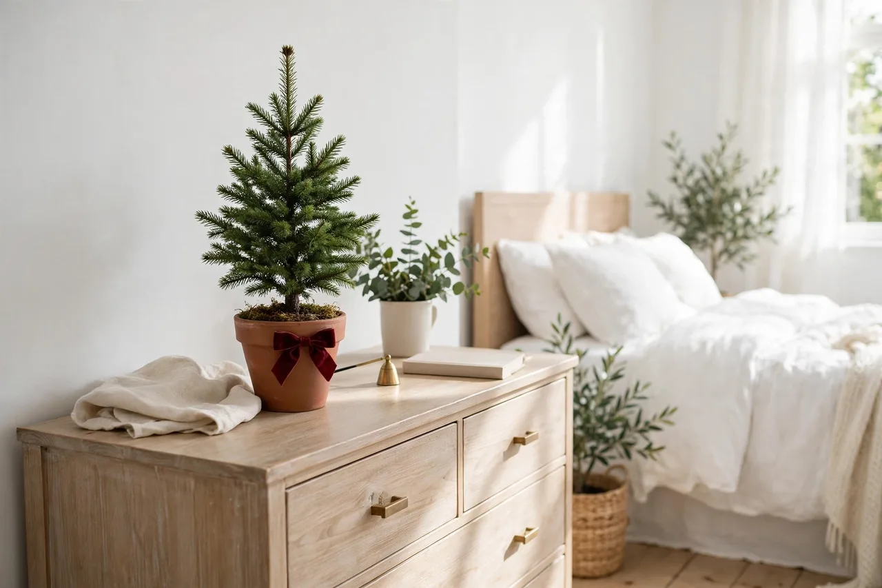 Small tabletop Christmas tree on a guest room dresser with a wreath nearby