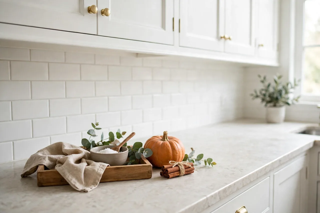 Counter vignette with a small pumpkin and cinnamon as the seasonal touch