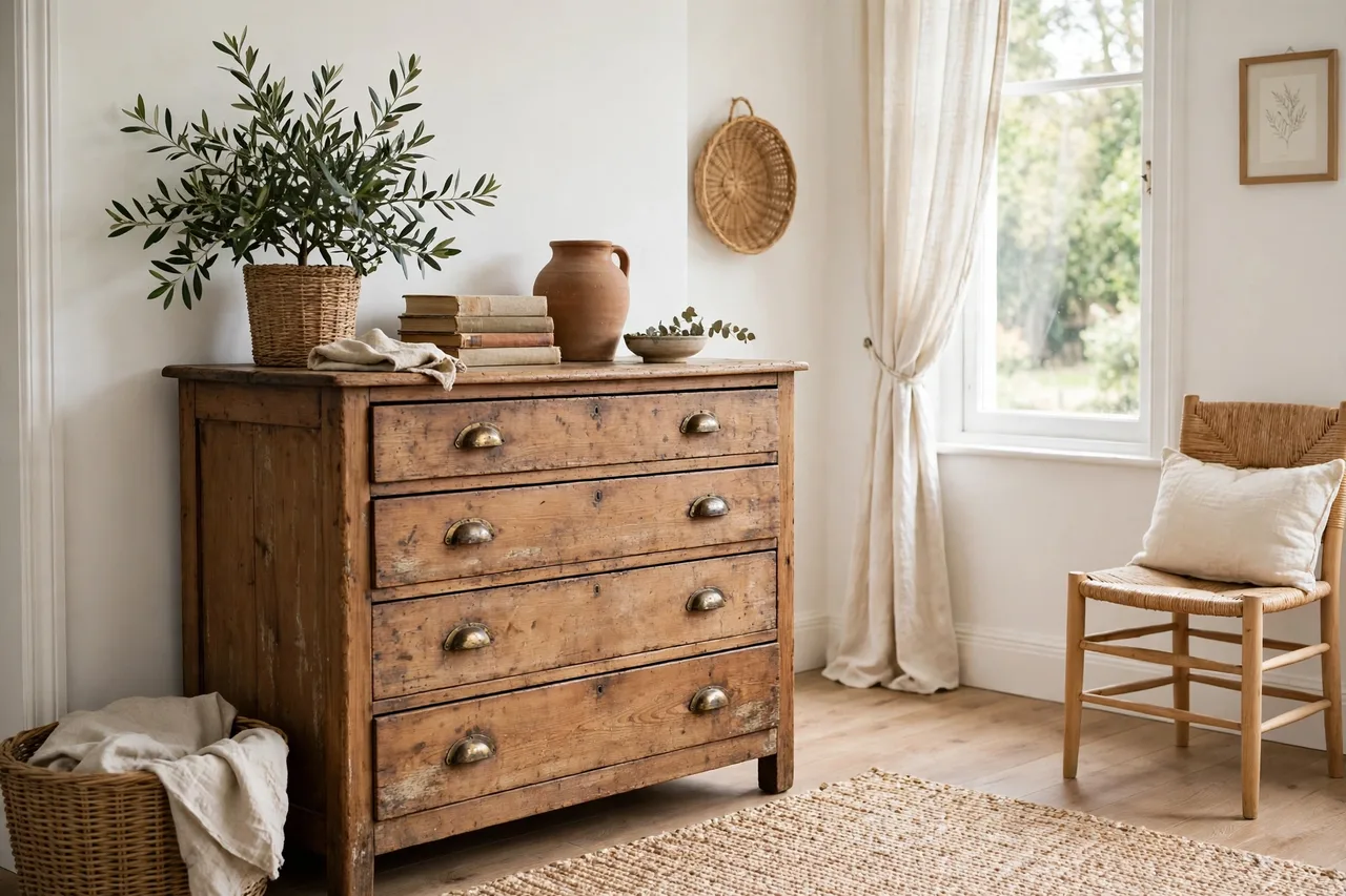 Vintage wooden sideboard as a room's anchor piece