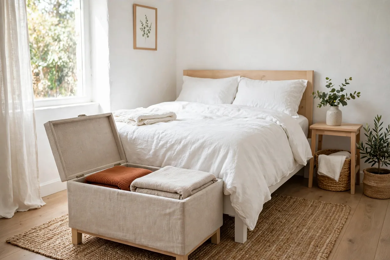 Linen storage ottoman at the foot of a bed with blankets inside