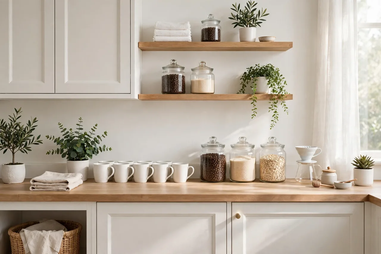 Freshly reset coffee station in morning light, everything in place