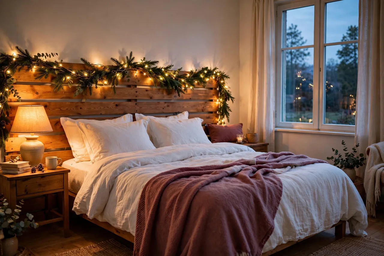 Fairy lights draped along a guest bed headboard at night