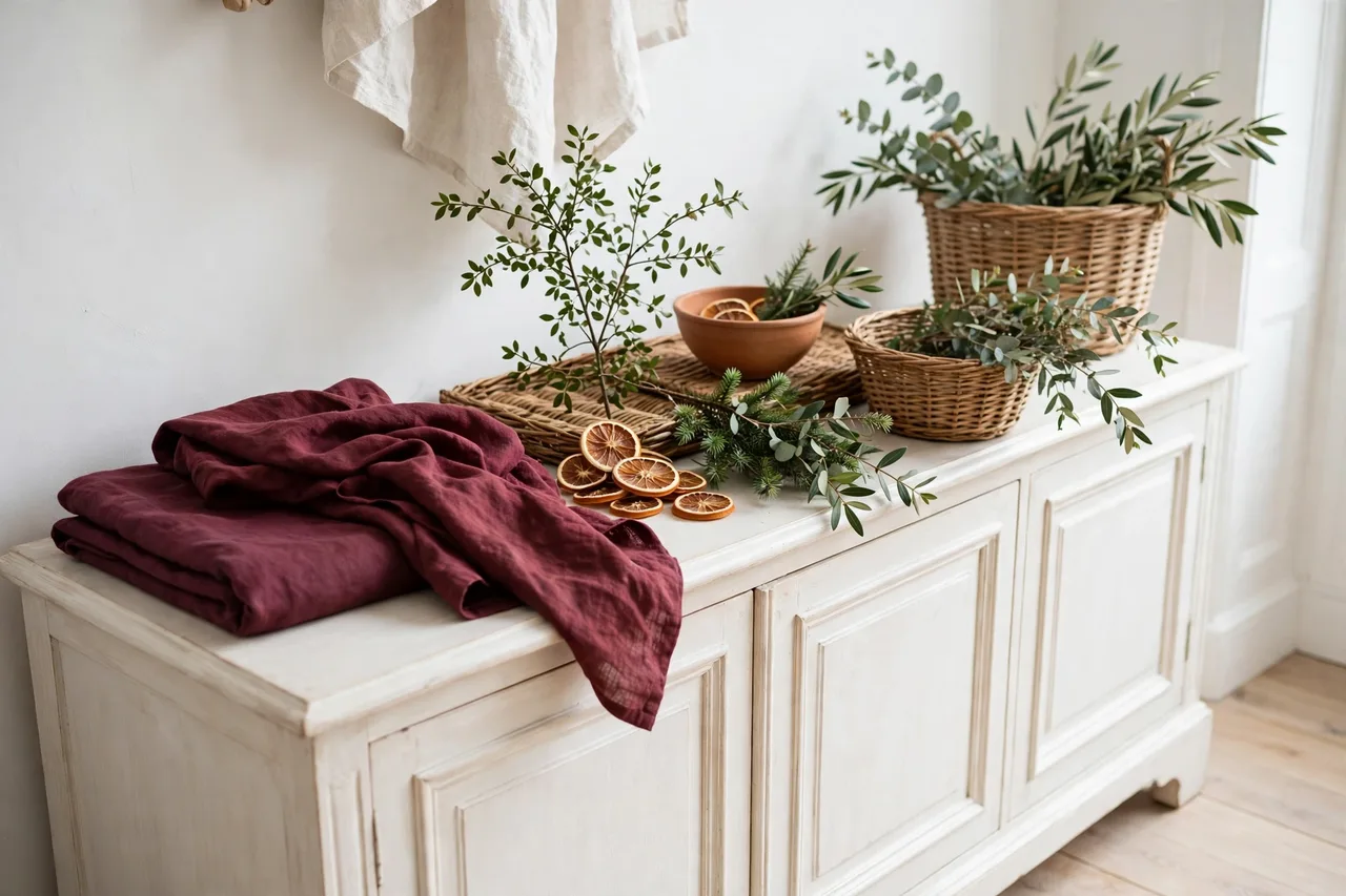 Calm seasonal vignette with pumpkin, dried oranges and greenery