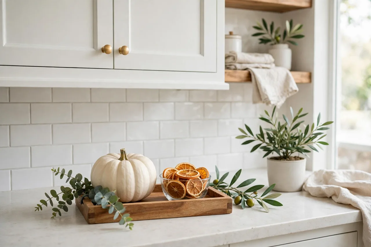 Kitchen vignette with mini pumpkins as the autumn seasonal layer