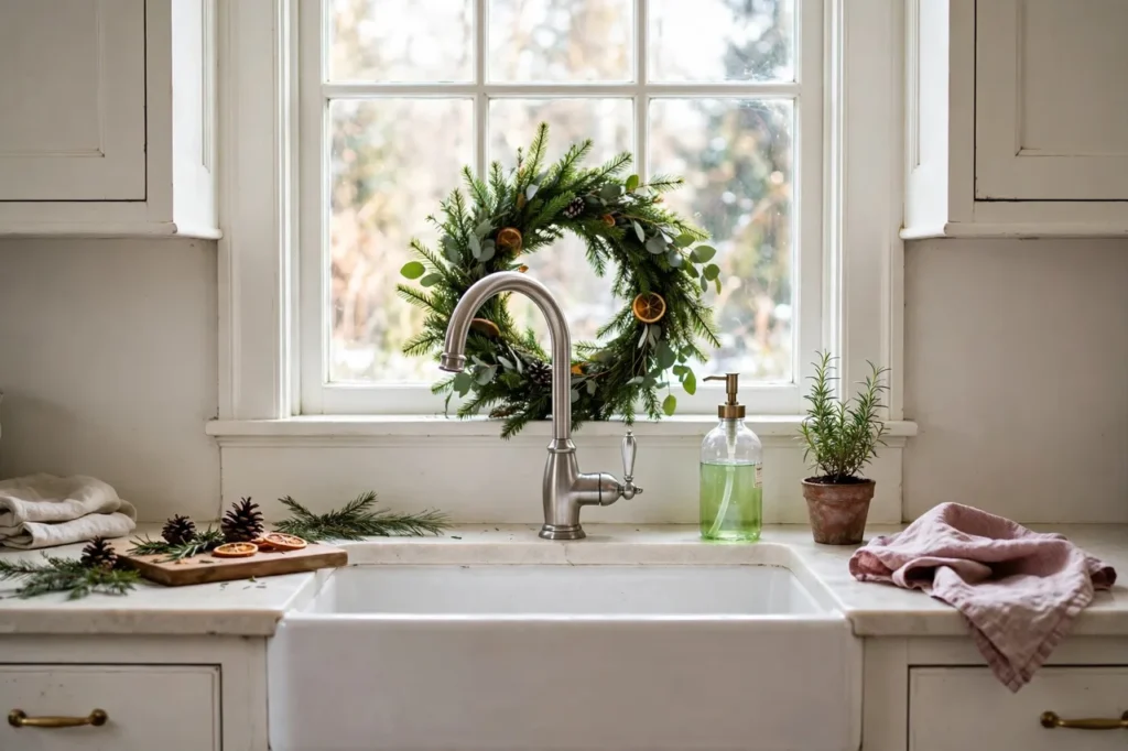 Small wreath on the windowsill behind the faucet with pine-scented soap