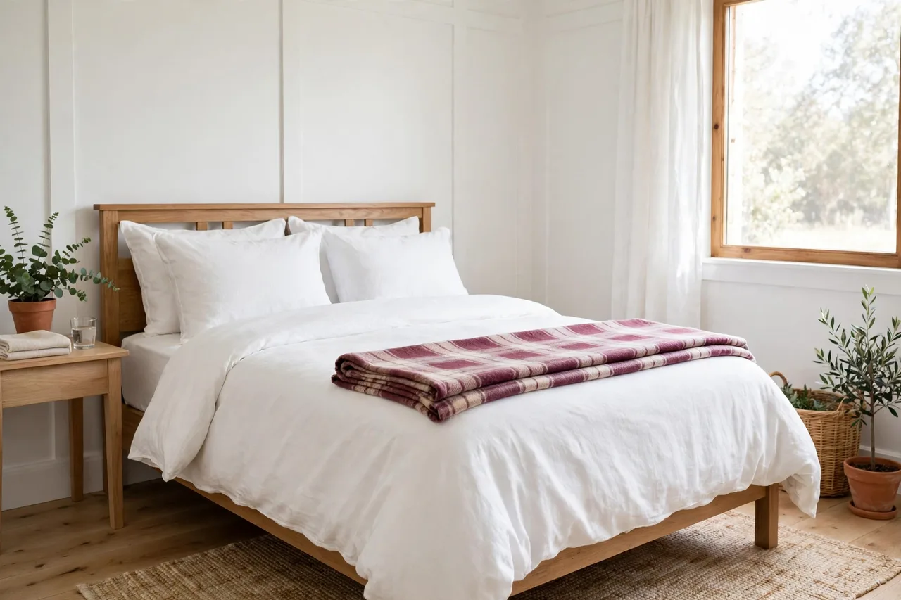 White guest bed with one plaid throw and a burgundy cushion