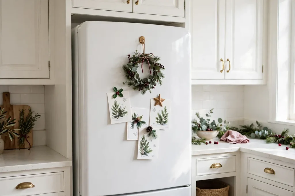 Fridge door with a small wreath and Christmas cards held by festive magnets