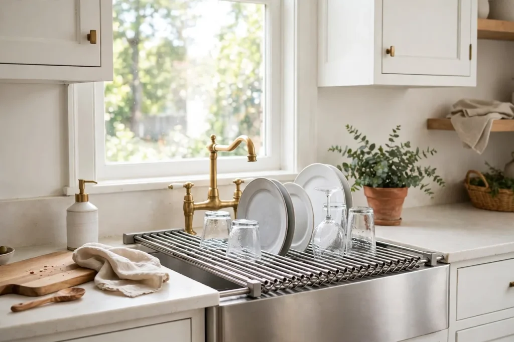 Roll-up dish rack over a kitchen sink with plates drying