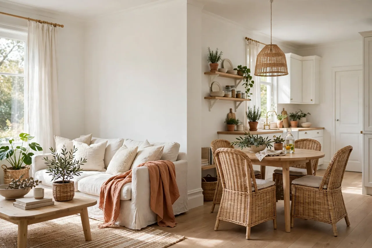 Whole calm home in one view: entryway, living room, one accent color