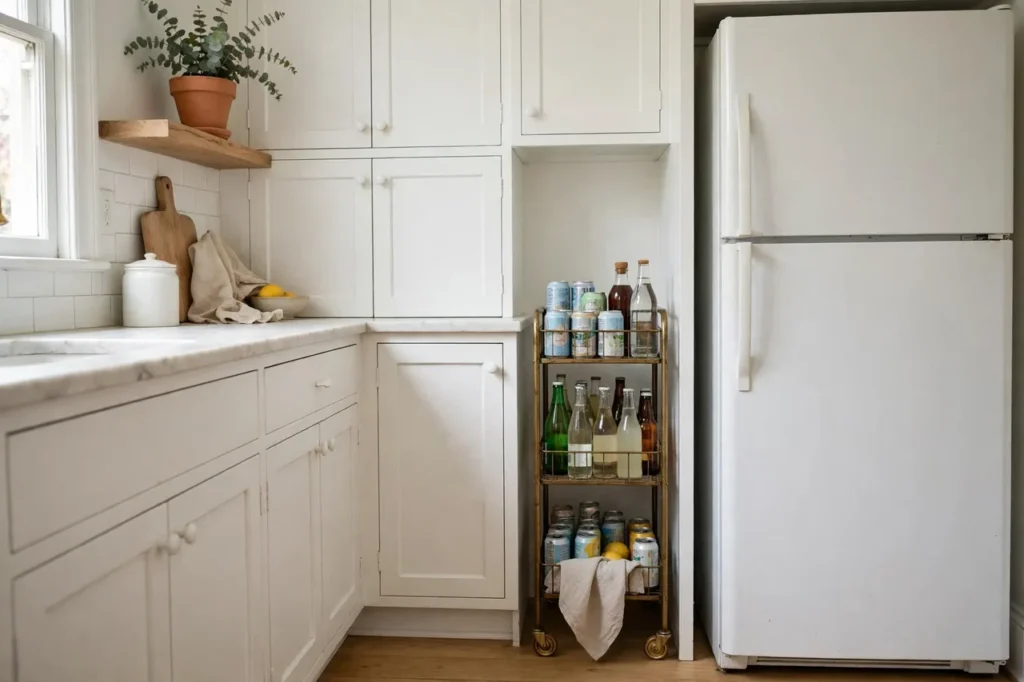 Slim rolling cart in the narrow gap beside a fridge