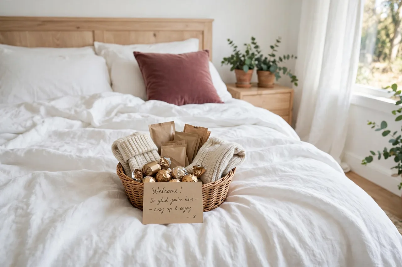 Welcome basket on a guest bed with cocoa, chocolates, socks and a note