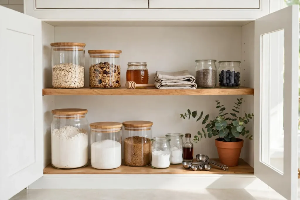 Cabinet arranged in zones: breakfast shelf and baking shelf with clear containers