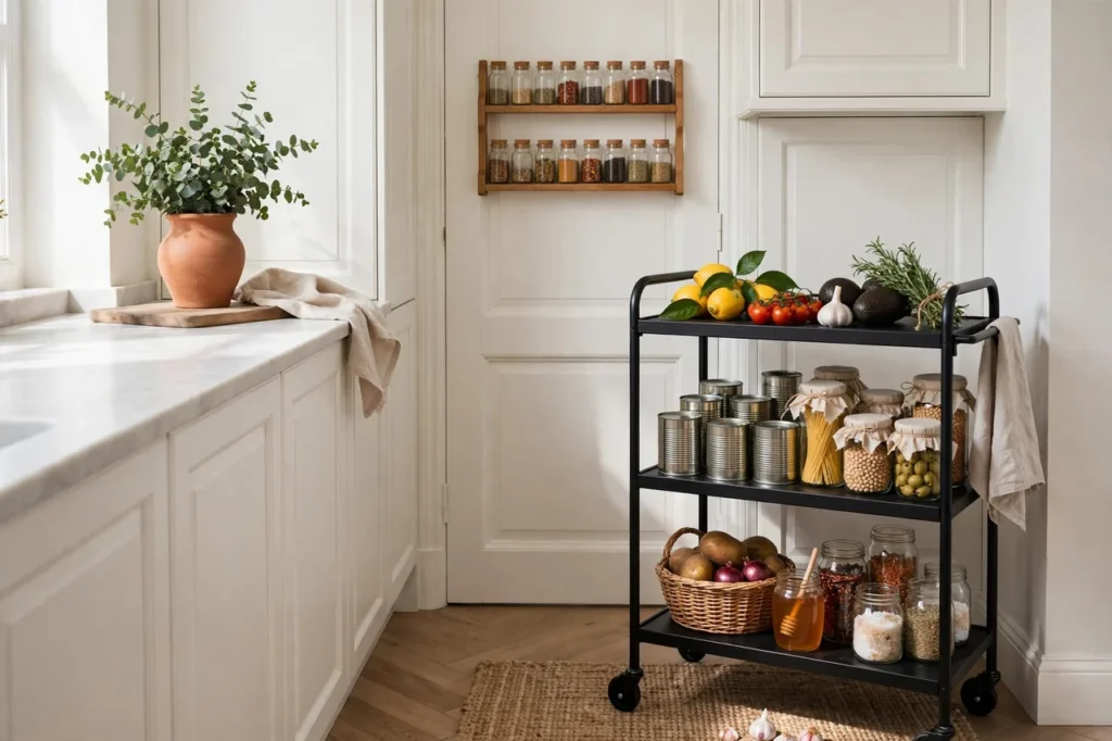 Rolling cart used as a small pantry with produce, cans and jars