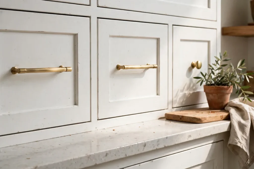 White cabinet drawers with new brushed brass pulls