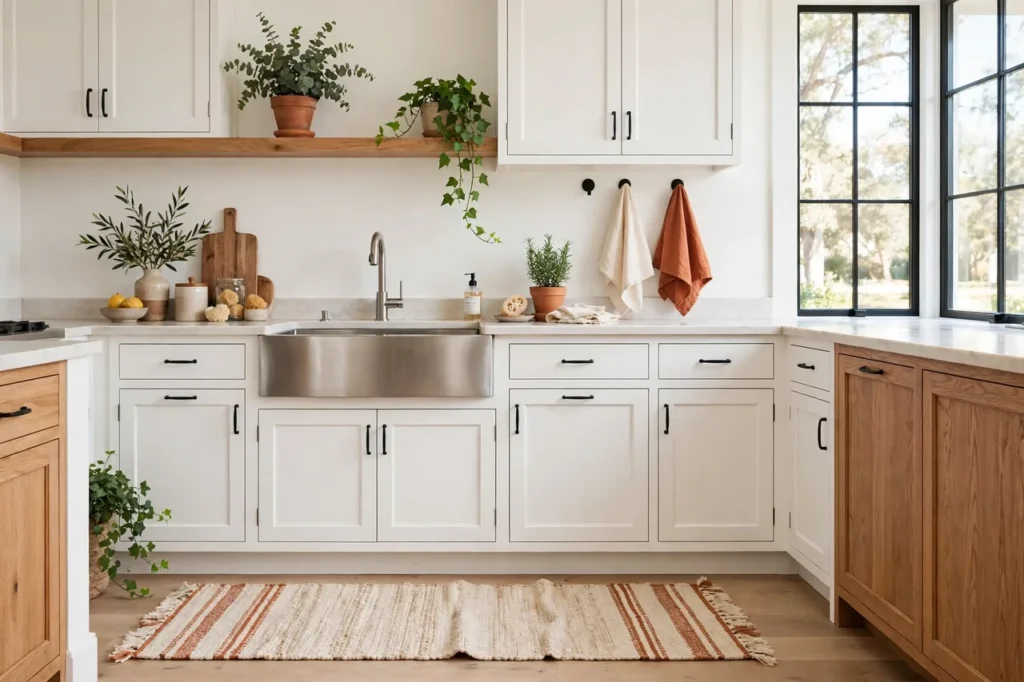 Woven runner by the kitchen sink with cream and terracotta towels
