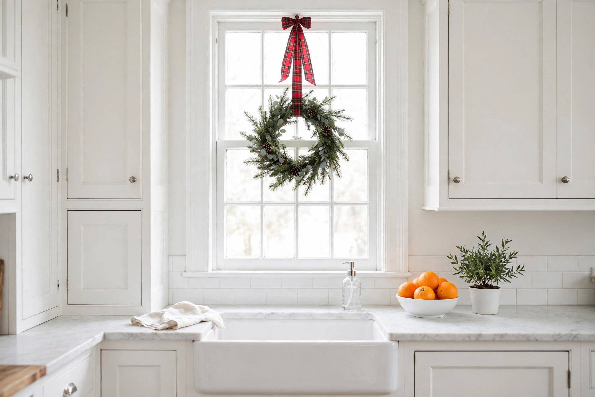kitchen window christmas wreath over a farmhouse sink