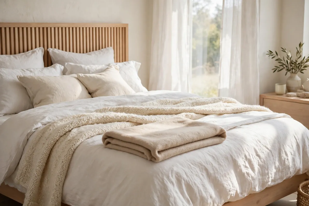 Layered bed with white linen, a cream wool throw and a folded blanket at the foot
