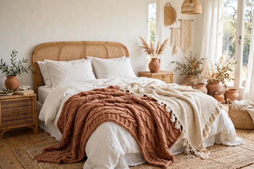 Layered cream and terracotta throws with tassels on a boho bed