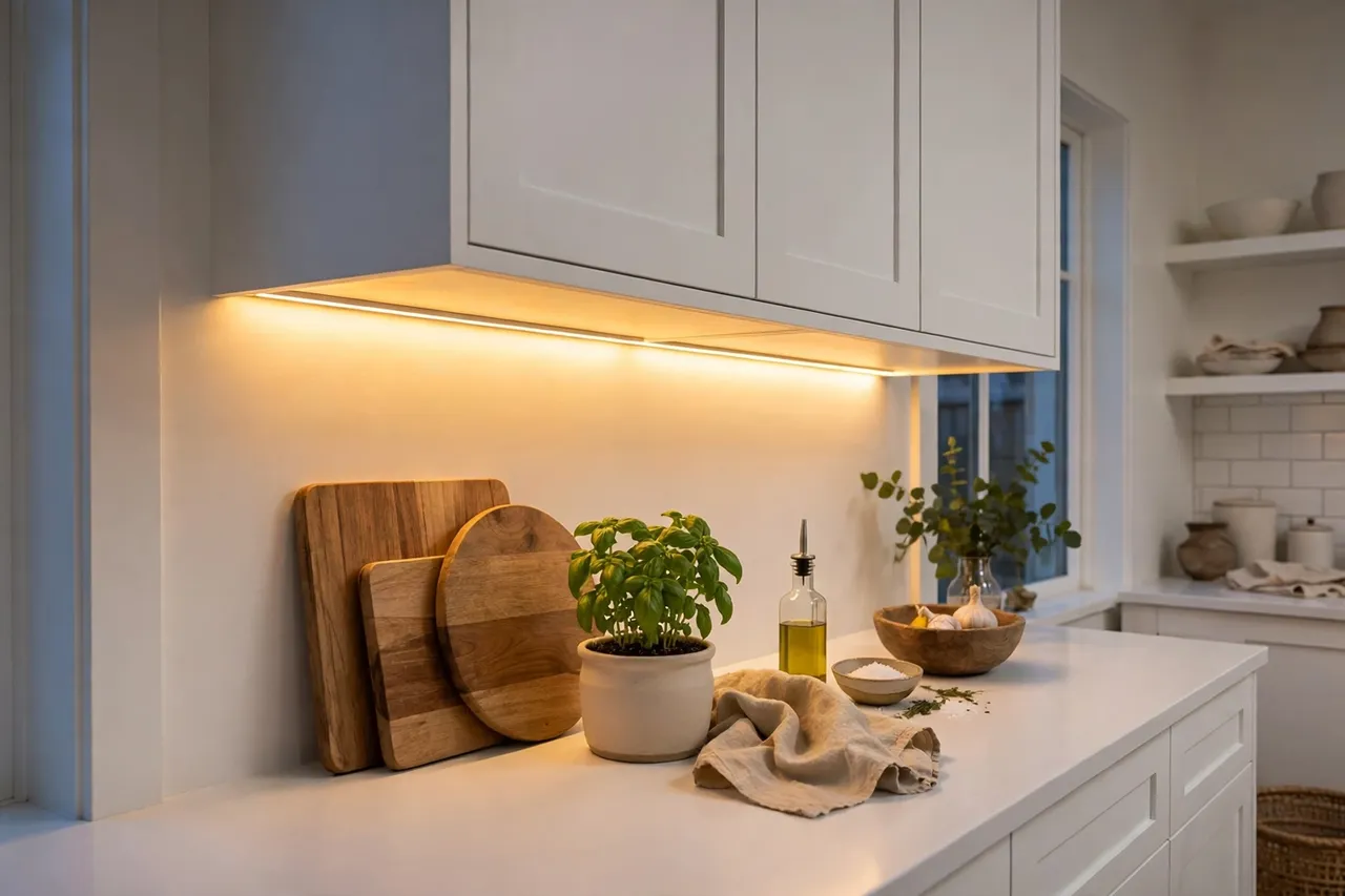 Warm LED strip lighting glowing under white kitchen cabinets