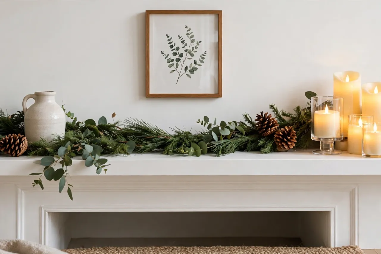 Flameless LED candles glowing beside greenery on a white mantel