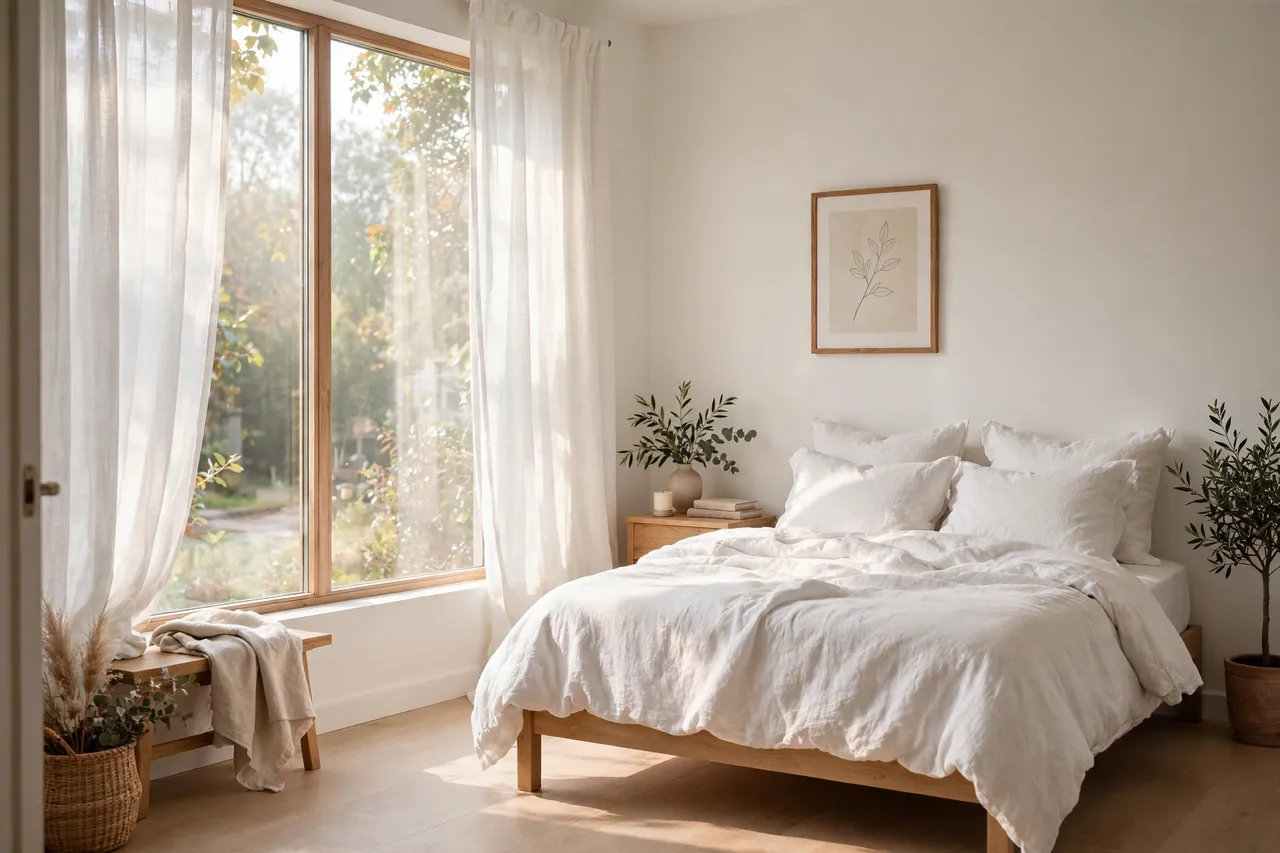 Soft white linen curtains letting in gentle morning light in a calm bedroom
