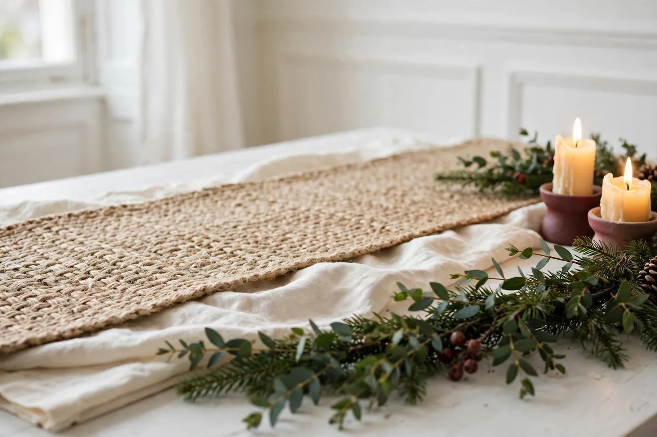 Layered cream linen cloth and woven runner on a Christmas table