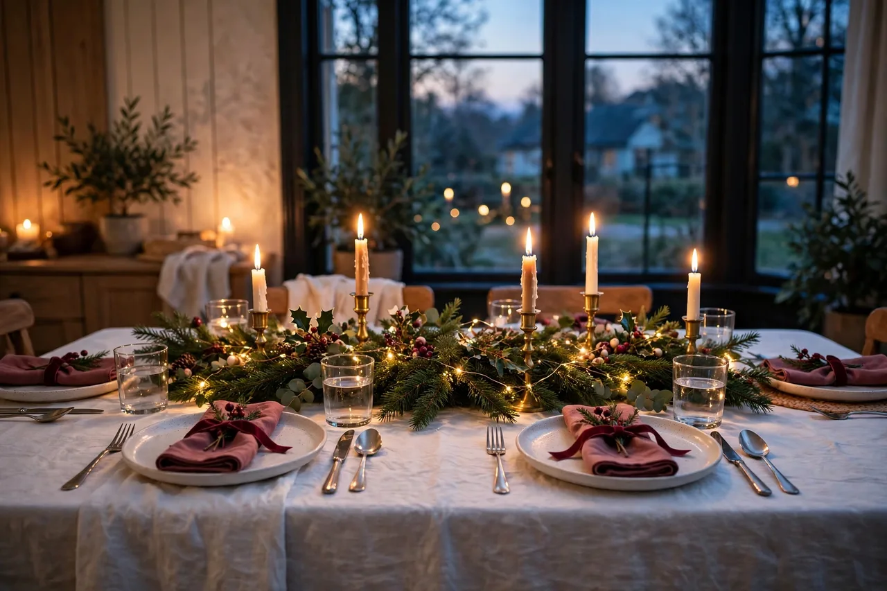 Burgundy and evergreen Christmas table glowing with taper candles in the evening