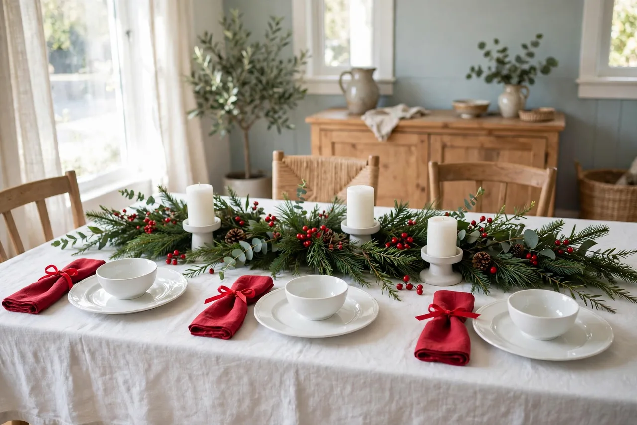 Classic red and green Christmas table with red kept as a light accent on white