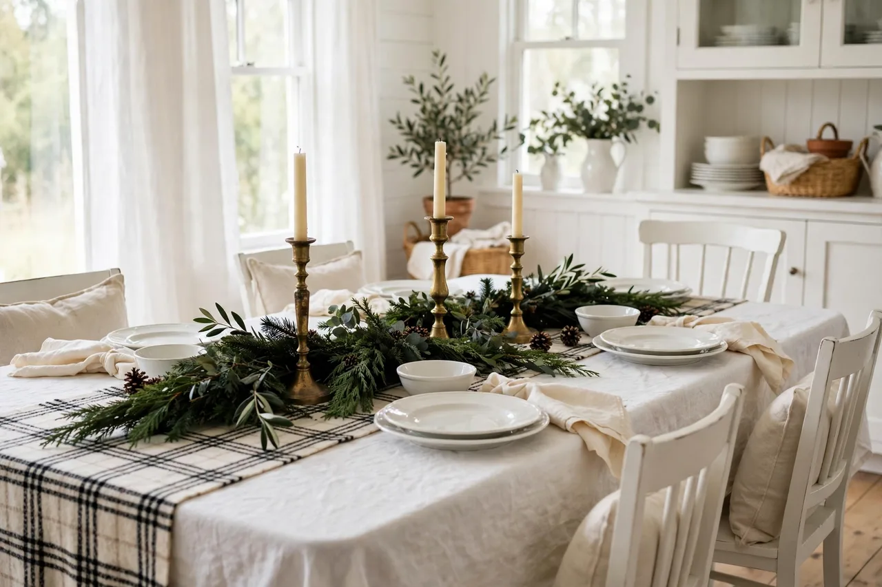 Heritage Christmas table with a plaid runner and brass candlesticks