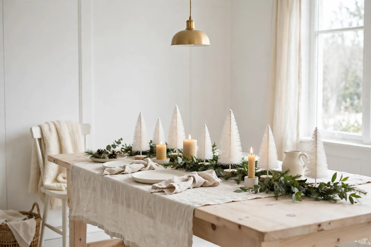 Scandi neutral Christmas table with linen, pale wood and white bottlebrush trees