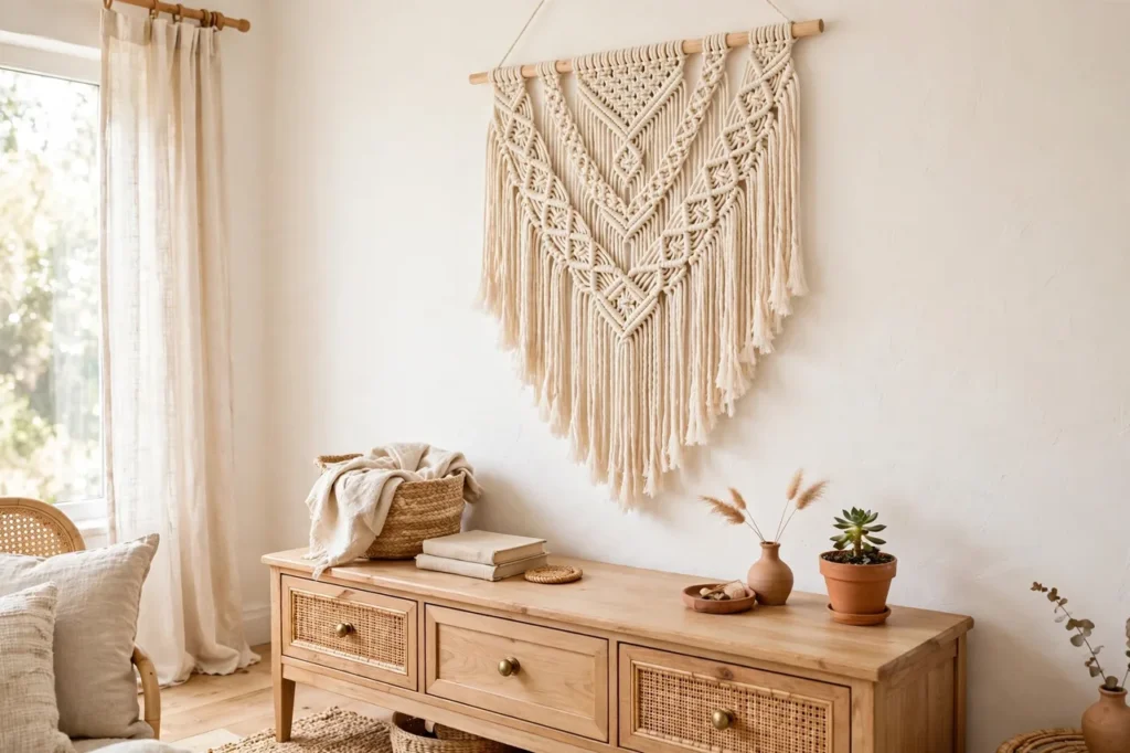 Cream macrame wall hanging above a light wood dresser in a boho bedroom