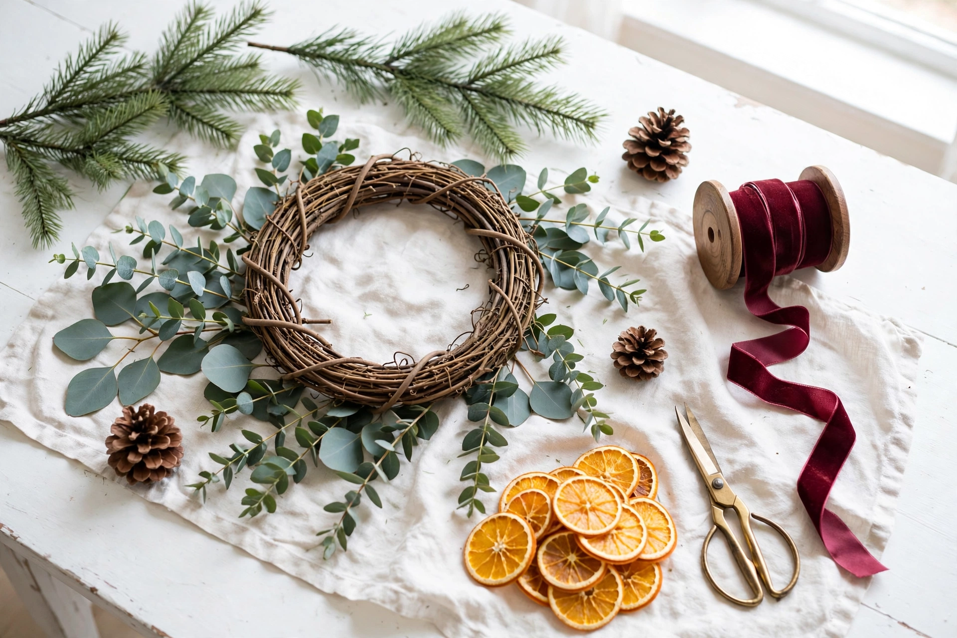 diy christmas wreath making — grapevine base, greenery and burgundy ribbon