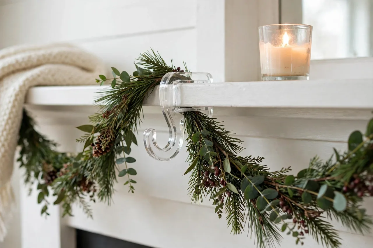 Clear mantel hook holding garland without nails or damage