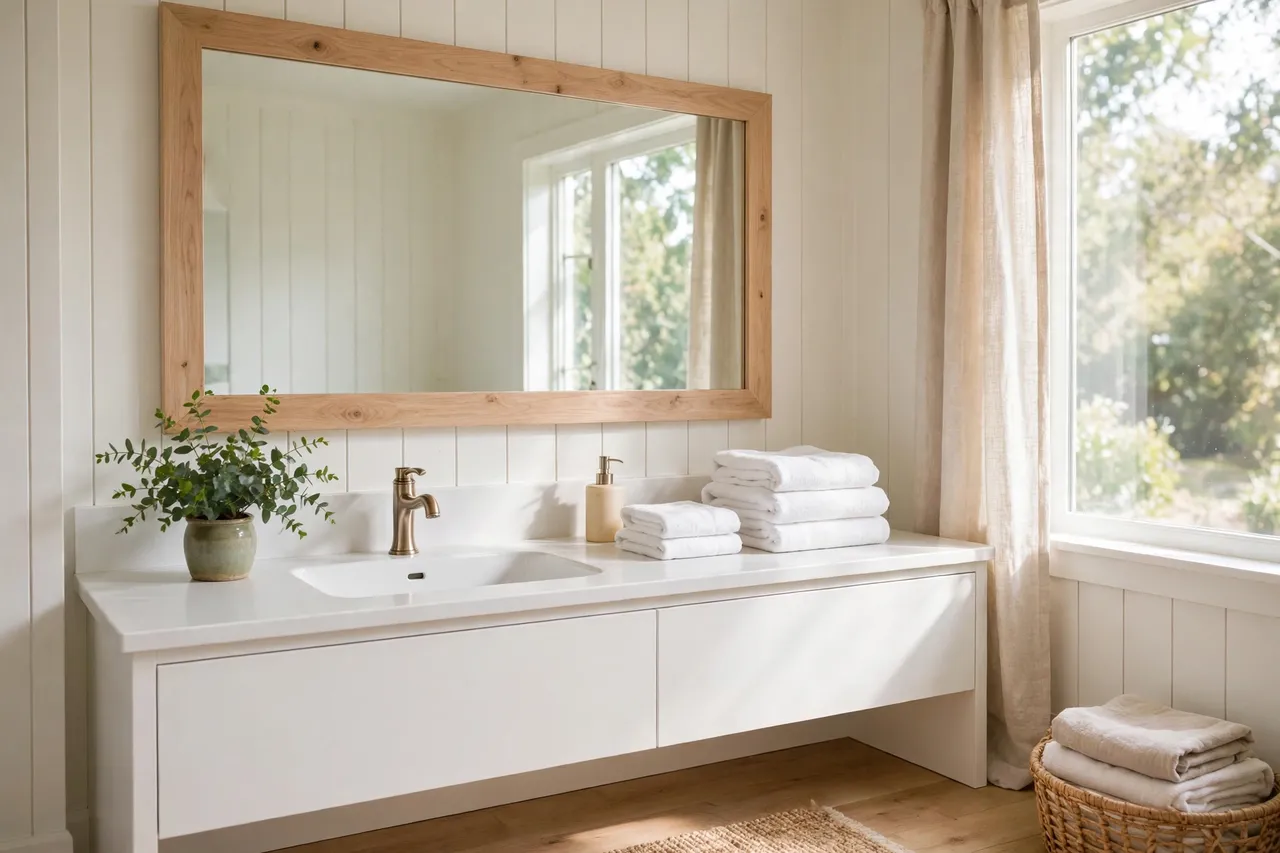 Bathroom mirror framed with light wood trim above a white sink