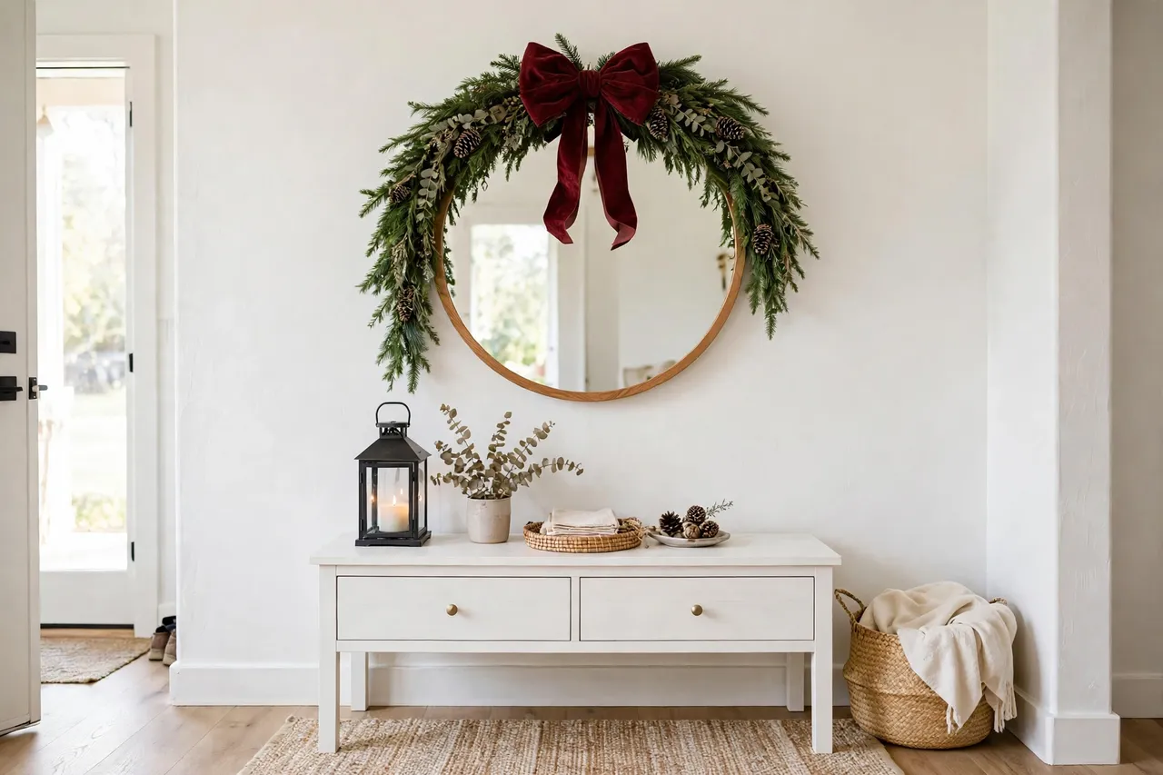 Greenery swag hanging over a round mirror with hidden suction hooks