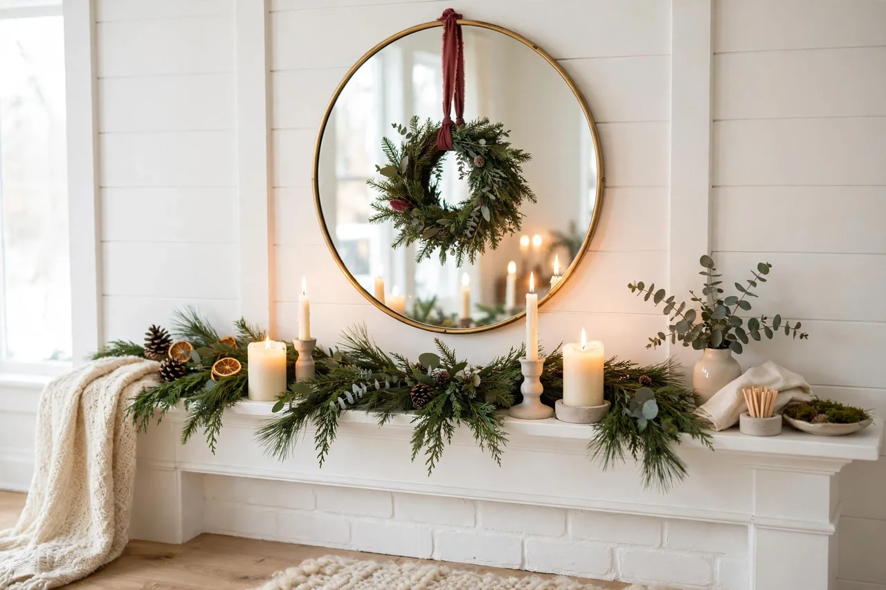 Round mirror above a Christmas mantel with a small wreath on burgundy ribbon