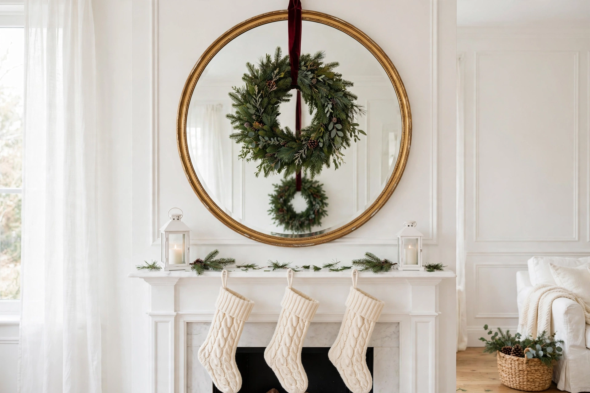 christmas wreath over a mirror above a white mantel