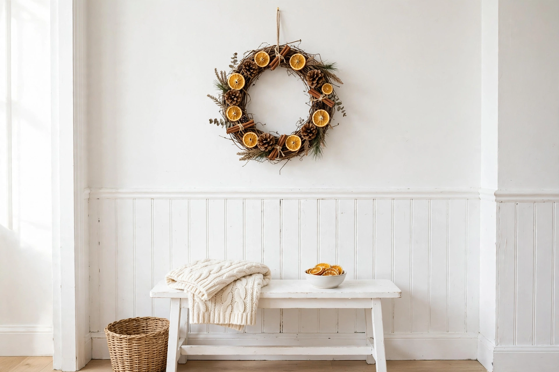 natural christmas wreath with dried oranges, pinecones and cinnamon