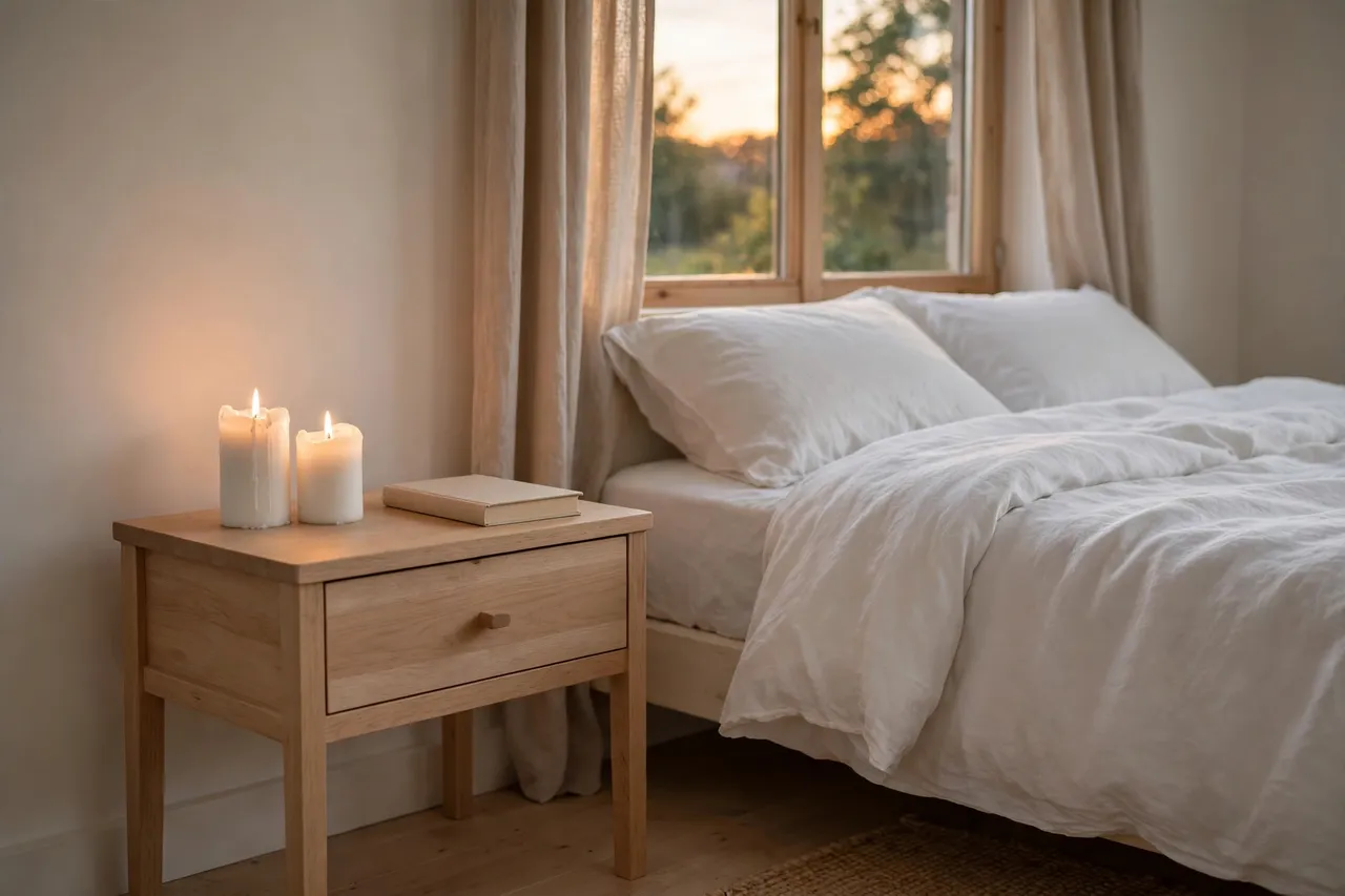 Candles glowing on a simple wooden nightstand beside a cozy bed