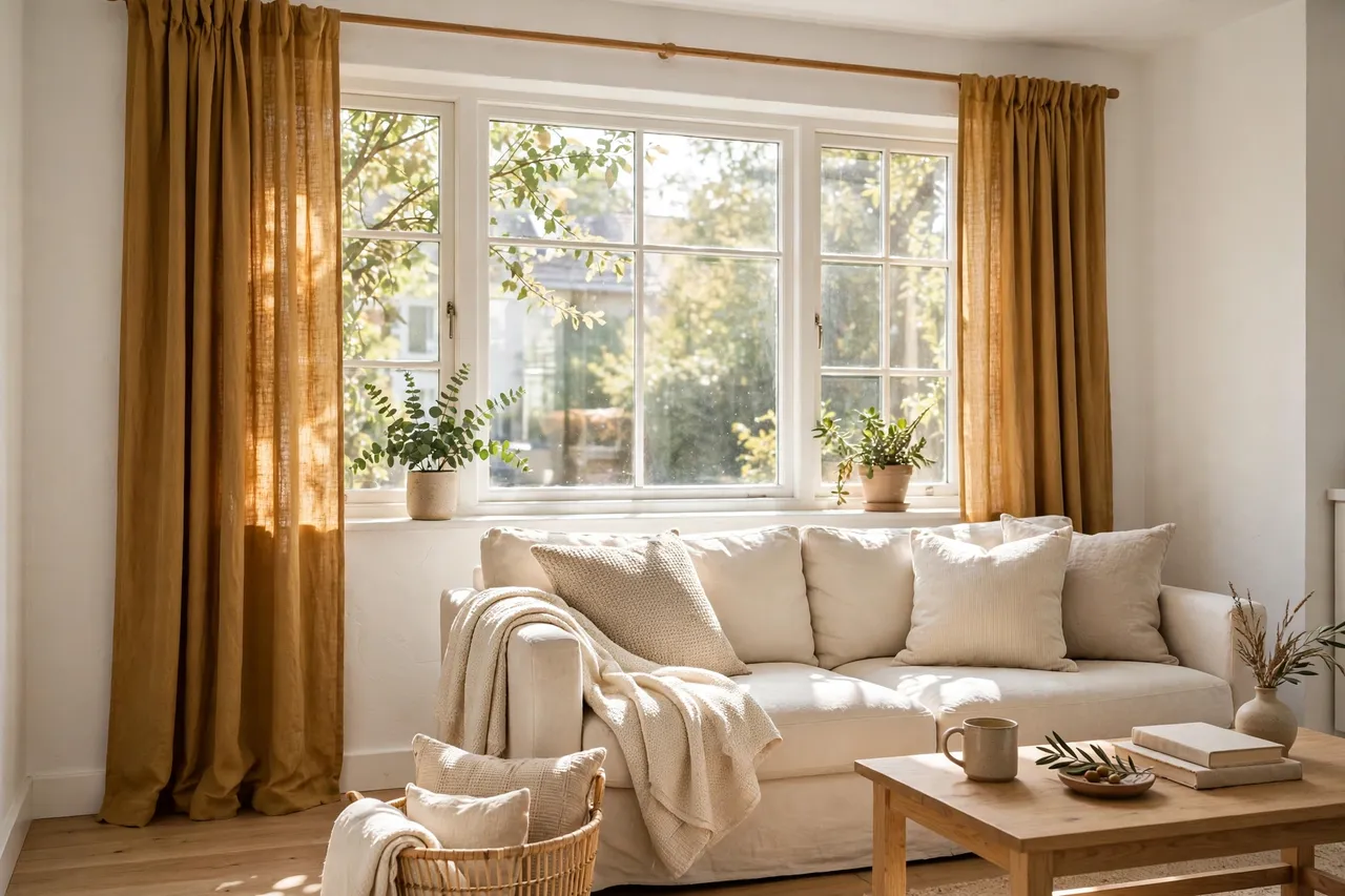 Ochre mustard curtains framing tall white walls and a bright window