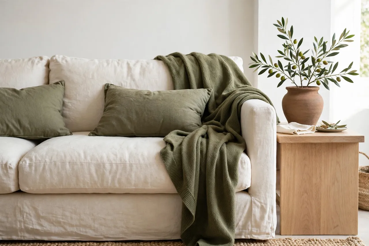 Olive green throw blanket and cushions layered on a cream sofa in a bright earthy living room