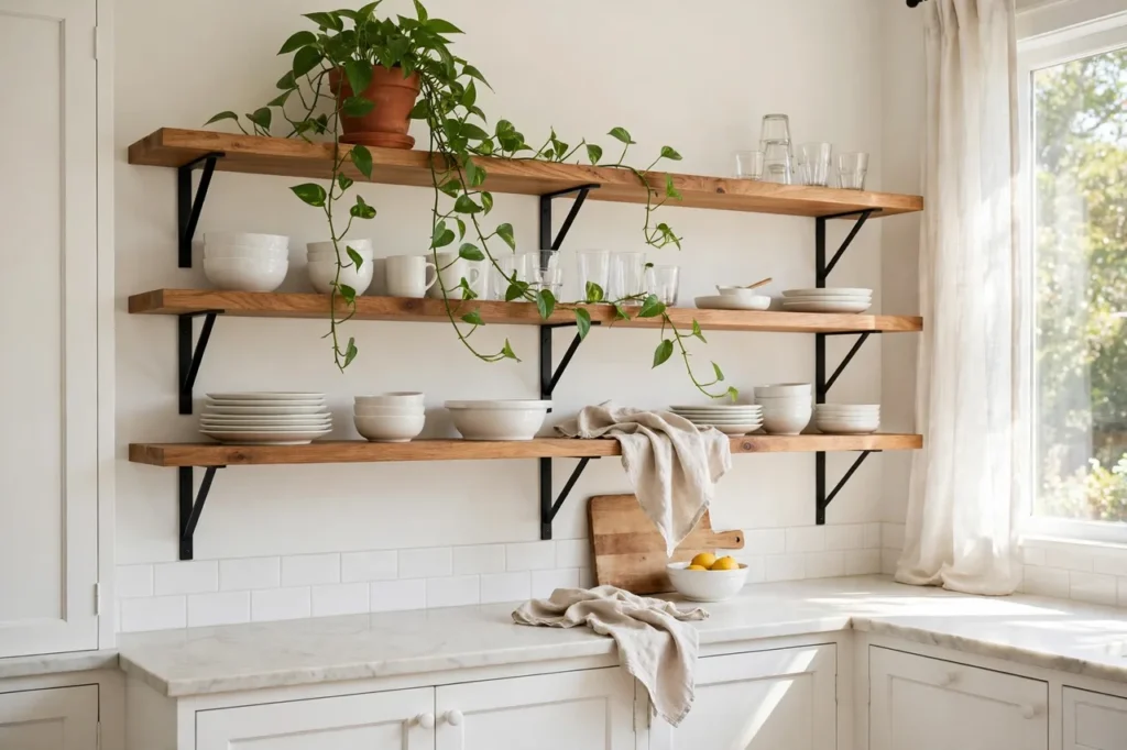 Styled open wood shelves with white dishes, glasses and a trailing plant