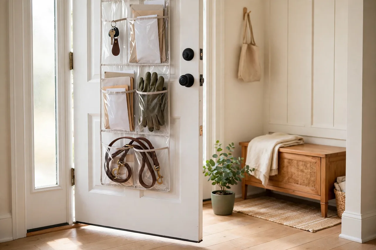 Clear over-door organizer on an entry door holding keys, mail and gloves