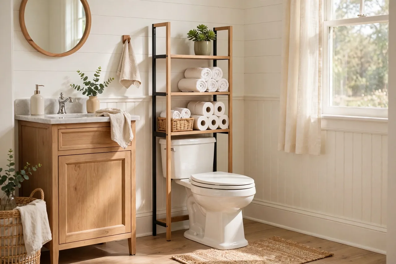 Over-toilet storage rack with rolled white towels and a small plant