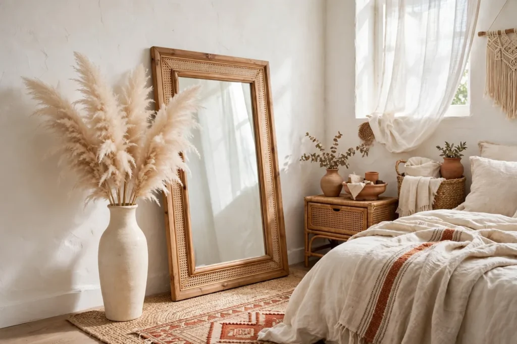 Tall vase with dried pampas grass in a bright boho bedroom corner