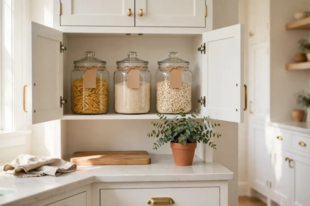 Cabinet styled as a mini pantry with clear labeled containers of pasta, rice and oats